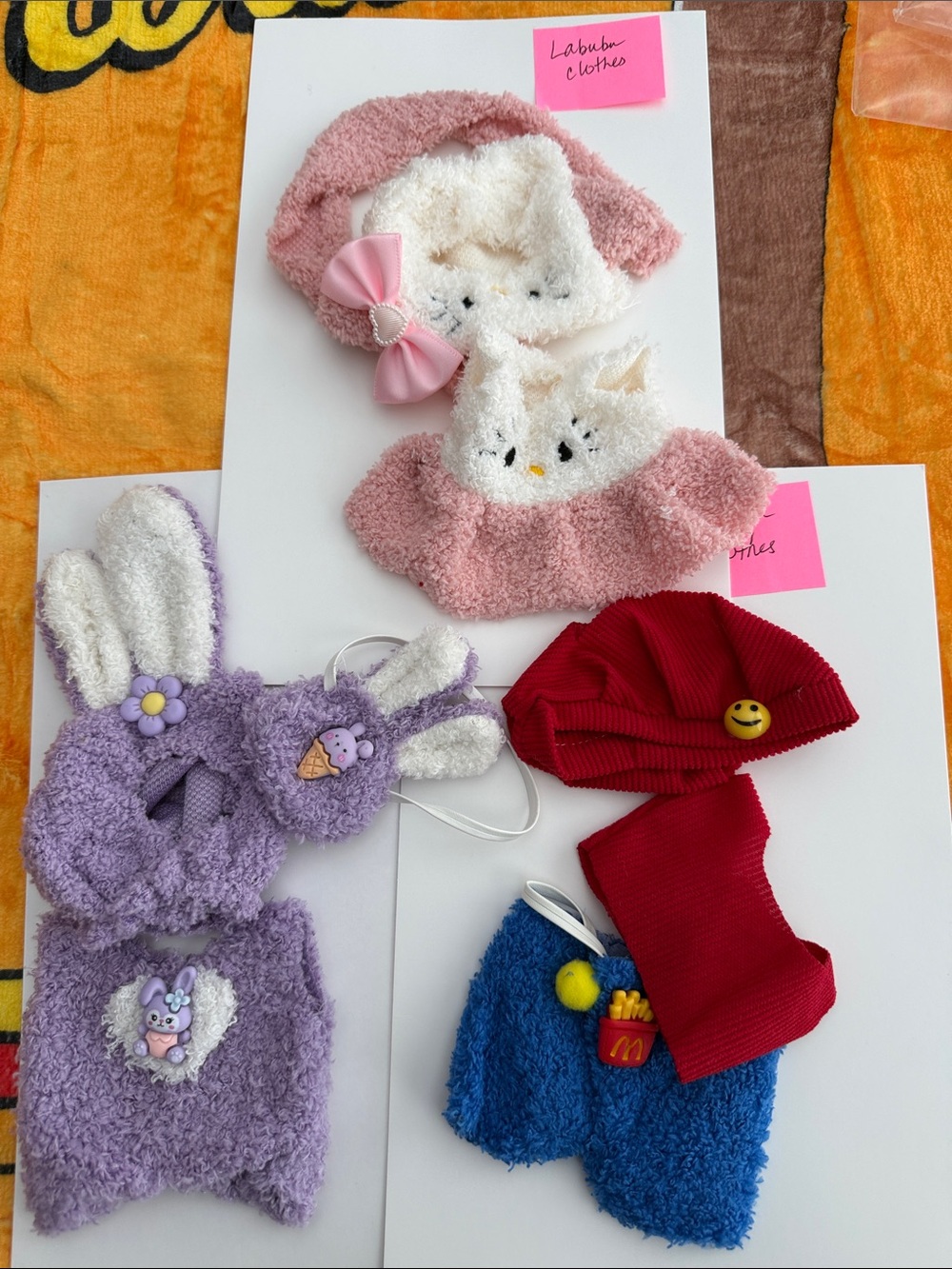 3 outfits Labubu clothes Purple Bunny Face Pink Hello Kitty Red Blue McDonalds